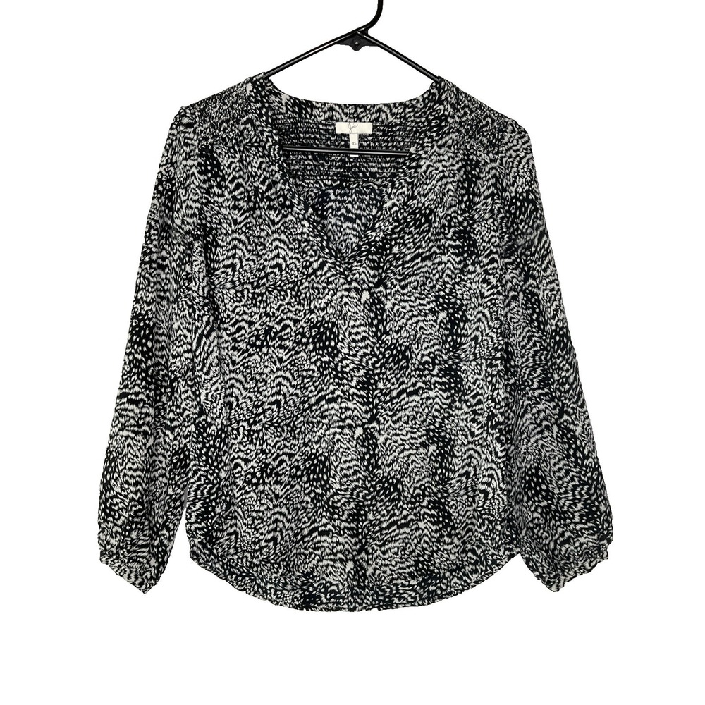 Joie Black White Abstract Print Silk Blouse Popover Long Sleeve V-Neck Career XS